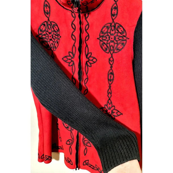 Coldwater Creek Jacket L Faux Suede Embroidered Full Zip Red Artsy Fleece Lined - Picture 4 of 11